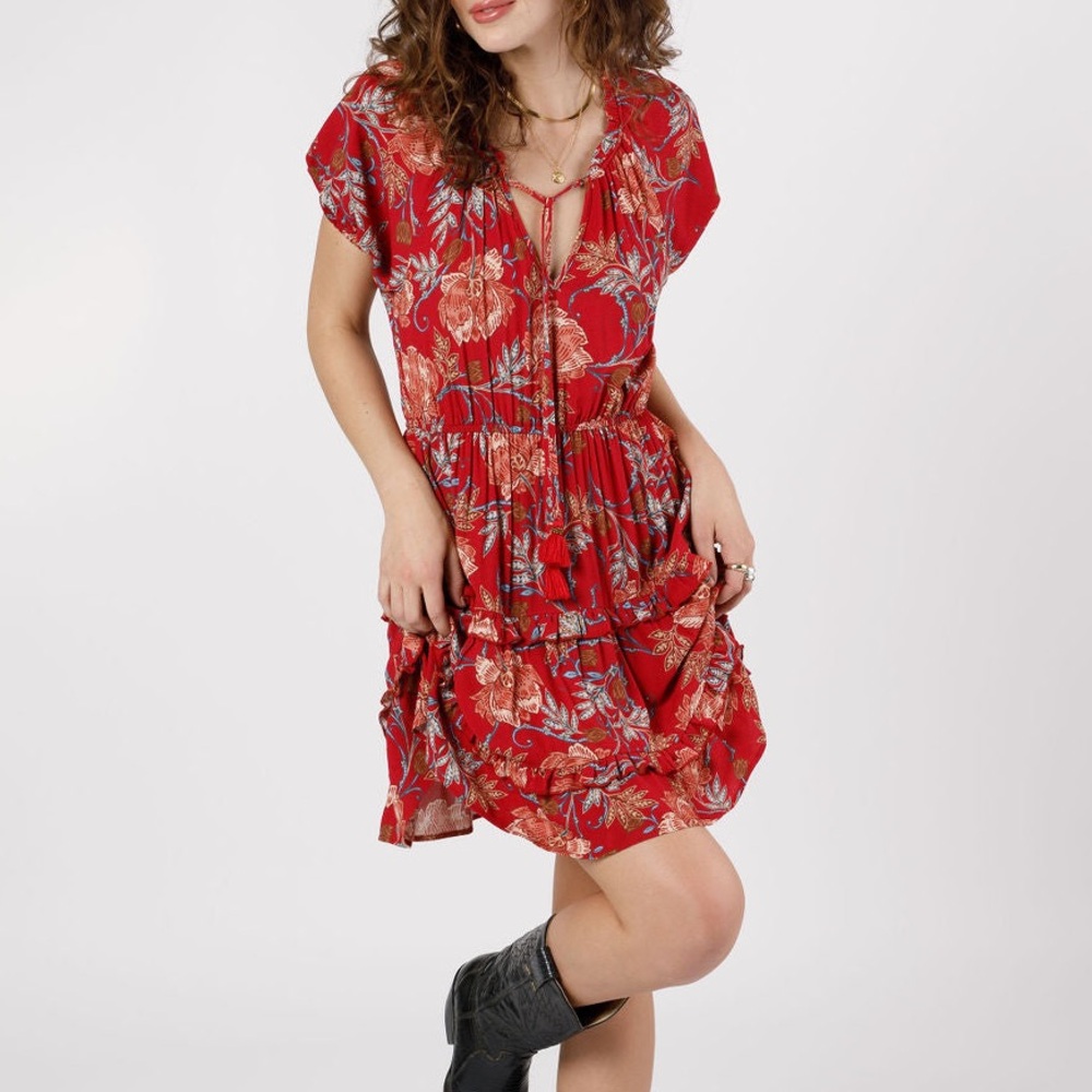 Band of gypsies Floral Red Tie-Front Short Sleeve mini Dress
